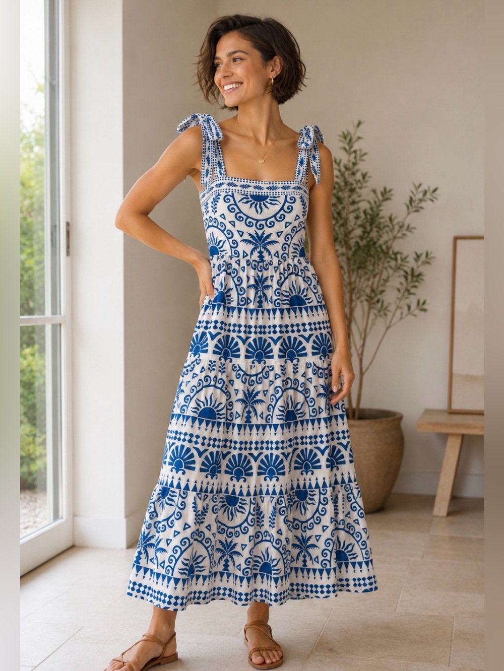 NWT Sugarlips Rivera Blue & White Mediterranean Print Maxi Dress XS